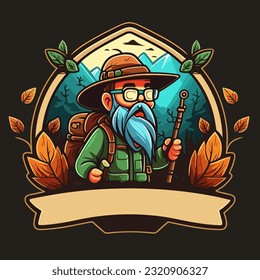 A trip to the countryside. Travelling through the forest. Geocaching treasure hunt among the trees. Cartoon vector illustration. label, sticker