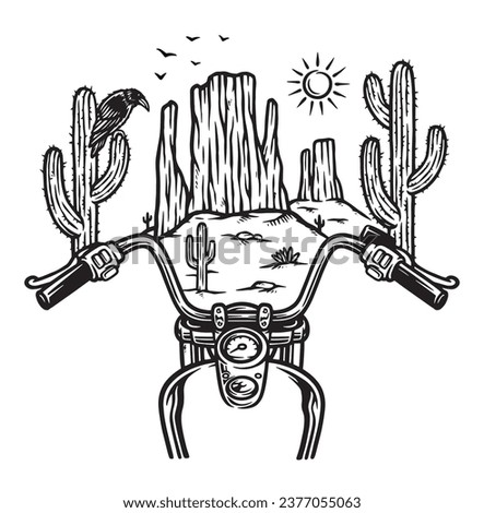 trip to the desert by motorbike line illustration