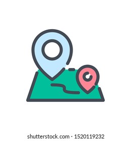 Trip distance color line icon. Map with two location pointersvector outline colorful sign.