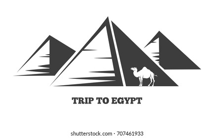 Trip to Egypt. The Egyptian pyramids and camel silhouettes. Vector illustration