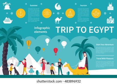 Viaje a Egipto, ilustración portadora plana infográfica. Concepto de presentación