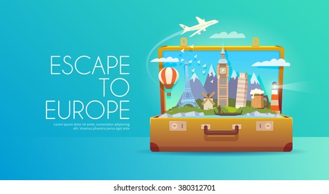 Trip To Europe. Travel To Europe. Vacation To Europe. Time To Travel. Road Trip. Tourism To Europe. Travel Banner. Open Suitcase With Landmarks. Travelling Illustration. Wanderlust. Flat Style. EPS 10