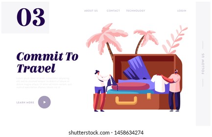 Trip Experience, Journey Website Landing Page, Tiny Characters Take Out Traveling Accessories from Huge Suitcase after Vacation Summer Time Leisure Web Page. Cartoon Flat Vector Illustration, Banner