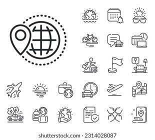 Trip globe sign. Plane jet, travel map and baggage claim outline icons. World travel line icon. Map location pointer symbol. World travel line sign. Car rental, taxi transport icon. Vector