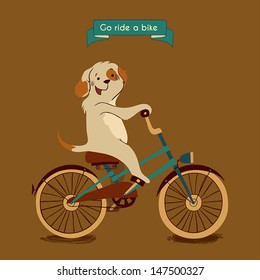 Trip. Happy dog rides his a blue bike, illustration