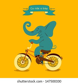 Trip. Happy elephant rides his a yellow bike, illustration