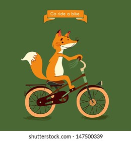 Trip. Happy fox rides his a brown bike, illustration