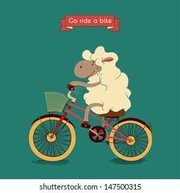 Trip. Happy lamb rides his a red bike, illustration