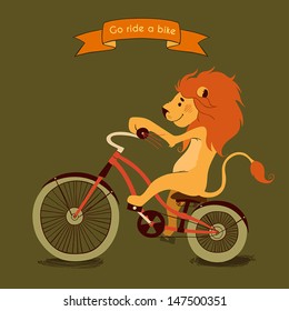 Trip. Happy lion rides his a red bike, illustration