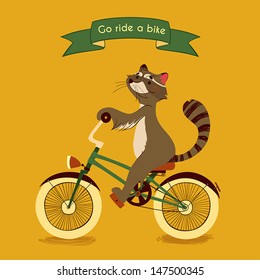 Trip. Happy raccoon rides his a green bike, illustration