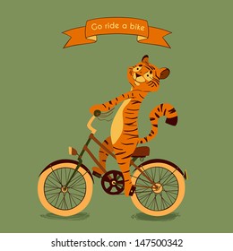 Trip. Happy tiger rides his a green bike, illustration