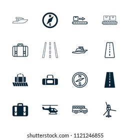 Trip icon. collection of 16 trip filled and outline icons such as runway, luggage, helicopter, bus, compass, luggage scan, ship. editable trip icons for web and mobile.