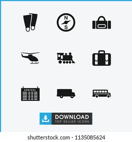 Trip icon. collection of 9 trip filled icons such as arrival table, bus, compass, locomotive, luggage, sport bag, helicopter. editable trip icons for web and mobile.