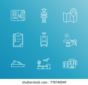 Trip icon line set with ship cruise, airport and map location. Set of yacht related trip icon line vector items for web mobile logo design.