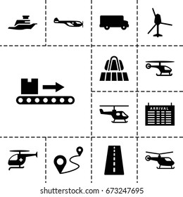 Trip icon. set of 13 filled tripicons such as runway, luggage belt, helicopter, arrival table, distance, luggage scan, medical helicopter, ship