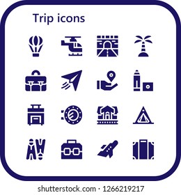  trip icon set. 16 filled trip icons. Simple modern icons about  - Hot air balloon, Helicopter, Road, Island, Briefcase, Paper plane, Location pin, Marker, Suitcase, Porthole