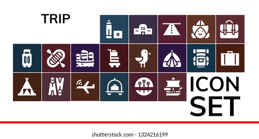 trip icon set. 19 filled trip icons.  Simple modern icons about  - Marker, Suitcase, Tent, Flippers, Aeroplane, Luggage, Pins, Ship, Rafting, Sailboat, Baggage, Seagull, Backpack