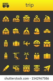 trip icon set. 26 filled trip icons.  Collection Of - Tent, Caravan, Airport, Briefcase, Location pin, Sailboat, Train station, Suitcase, Travel bag, Aeroplane, Pins, Chairlift icons