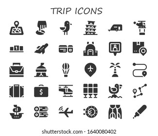 trip icon set. 30 filled trip icons.  Simple modern icons such as: Location pin, Position, Seagull, Pisa, Caravan, Helicopter, Aeroplane, Plane ticket, Backpack, Shipping, Briefcase