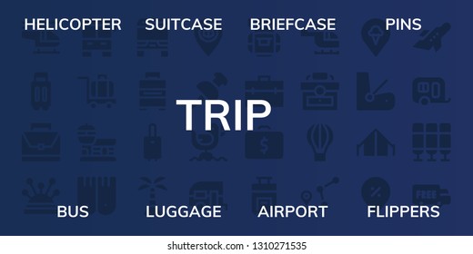 trip icon set. 32 filled trip icons. on blue background style Collection Of - Helicopter, Suitcase, Briefcase, Pins, Bus, Luggage, Airport, Flippers, Baggage, Island, Pin, Seagull