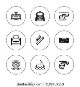 Trip icon set. collection of 9 outline trip icons with backpack, briefcase, bus, helicopter, marker, pin, sailboat icons. editable icons.