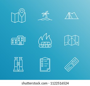 Trip icon set and hotel with trip planning, picnic and journey. Clipboard related trip icon vector for web UI logo design.