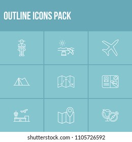Trip icon set and journey with globe compass, summer beach and tourist traveler. Tent related trip icon vector for web UI logo design.