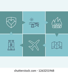 Trip icon set and picnic with journey, binocular and travel insurance. Optical instrument related trip icon vector for web UI logo design.