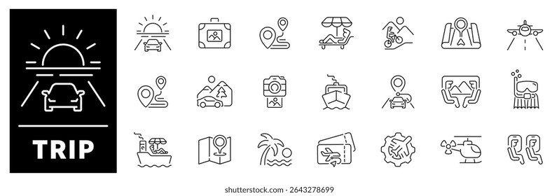 Trip icon set. Thin line icons set related to trip and journey. Trip web icons in line style. Collection of trip related outline icons