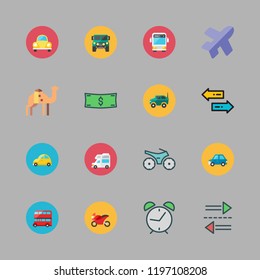 trip icon set. vector set about motorbike, caravan, car and camel icons set.