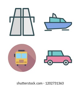 trip icon set. vector set about highway, yatch, car and school bus icons set.