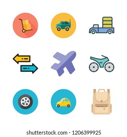 trip icon set. vector set about backpack, transfer, tire and car icons set.