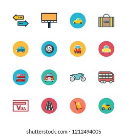 trip icon set. vector set about packs, motorcycle, bus and tire icons set.