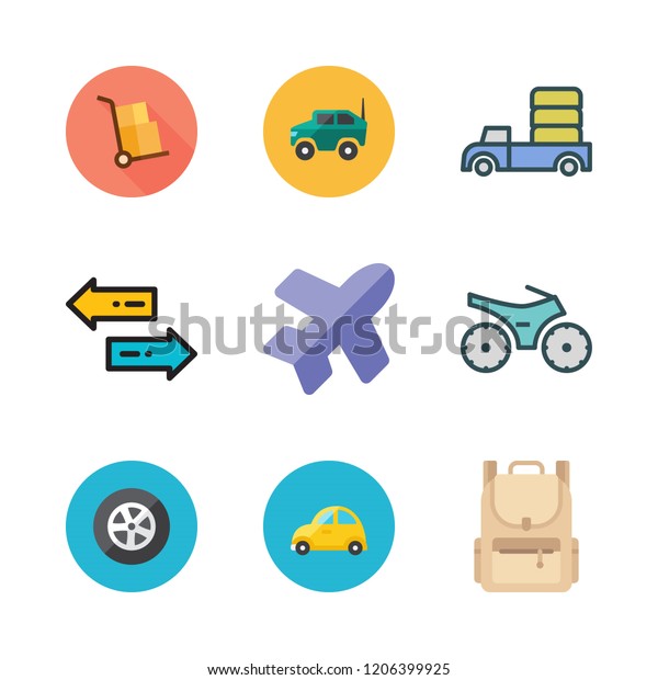 trip icon set. vector set about backpack, transfer,\
tire and car icons set.