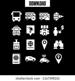 trip icon. This set with pin in the map, trolleybus, passport and binoculars vector icons for mobile and web