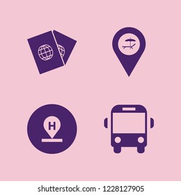 trip icon. trip vector icons set passports, school bus, hotel location and beach location
