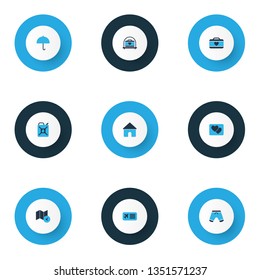 Trip icons colored set with airplane ticket, map with time, parasol and other airline pass elements. Isolated vector illustration trip icons.