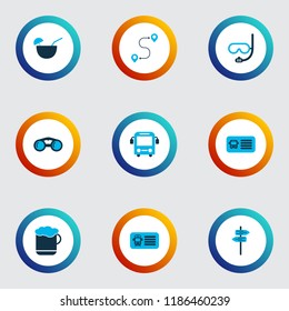 Trip icons colored set with bus, route, beer and other entry coupon elements. Isolated vector illustration trip icons.