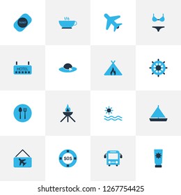 Trip icons colored set with bus, handwheel, yacht sunscreen elements. Isolated vector illustration trip icons.