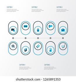 Trip icons colored set with flask, sword, the sign is closed and other guidance elements. Isolated vector illustration trip icons.
