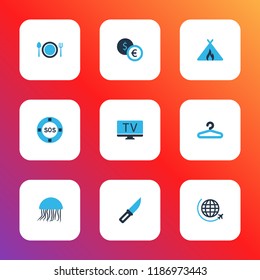 Trip icons colored set with hanger, flight, tent with fire and other international aviation elements. Isolated vector illustration trip icons.