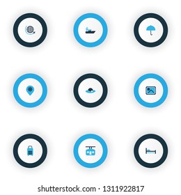 Trip icons colored set with hospital, label, hat and other international aviation elements. Isolated vector illustration trip icons.