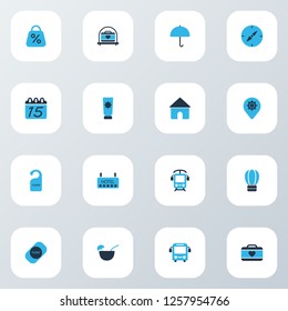 Trip icons colored set with house, sunblock, coconut cocktail and other signboard elements. Isolated vector illustration trip icons.