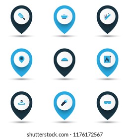 Trip icons colored set with label, food, hanger and other tray elements. Isolated vector illustration trip icons.