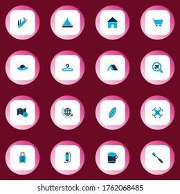 Trip icons colored set with map with time, oxygen cylinder, beer and other guidance elements. Isolated vector illustration trip icons.