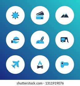 Trip icons colored set with the mountains, house on wheels, beach with surf and other video camera elements. Isolated vector illustration trip icons.