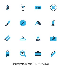 Trip icons colored set with rocket, oxygen cylinder, first aid kit and other medical case elements. Isolated vector illustration trip icons.