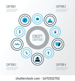 Trip icons colored set with suitcase with electric train, oxygen cylinder, flask and other sailboat elements. Isolated vector illustration trip icons.