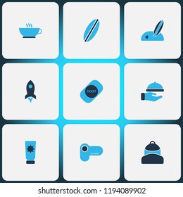 Trip icons colored set with sunblock, coffee, surfboard and other shuttle elements. Isolated vector illustration trip icons.
