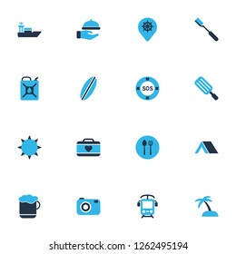Trip icons colored set with surfboard, waiter, camera and other vessel elements. Isolated vector illustration trip icons.